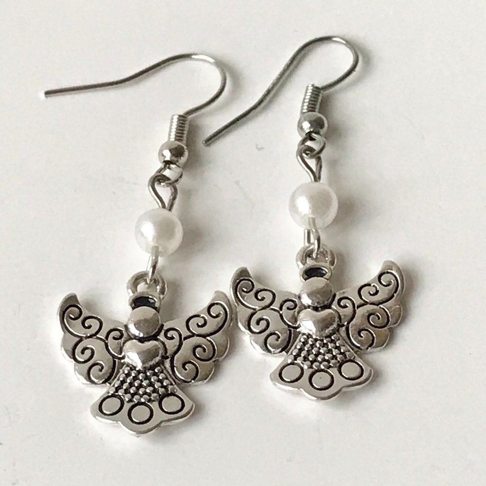 Silver Plated White Pearl Angel Wings Earrings Dangle Glass Beads